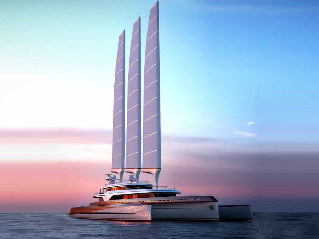 Trimaran : bateau à trois coques avec 2 flotteurs et une coque centrale.