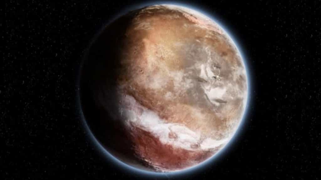 Illustration de Mars, telle qu’elle pouvait être il y a 4 milliards d’années. Une bande nuageuse dans son atmosphère plus dense qu’aujourd’hui se superpose au-dessus de la ceinture tropicale où devaient couler des rivières. Peu à peu, la coquille enrobant le noyau de Mars s’est retrouvée plombée par l’immense dôme de Tharsis qui se constituait au fil de centaines de millions d’années et a commencé à bouger. © Didier Florentz