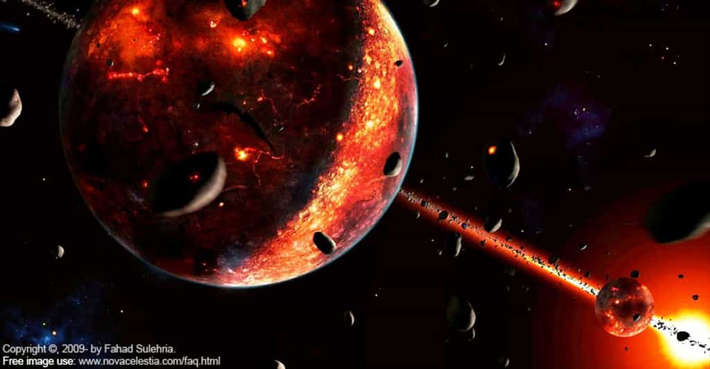 Vue d'artiste de la Terre après sa collision avec Théia. La jeune Lune est visible à droite. Les deux corps subissaient encore un fort bombardement météoritique, ce qui explique la présence à leur surface de zones couvertes de magma. © Fahad Sulehria