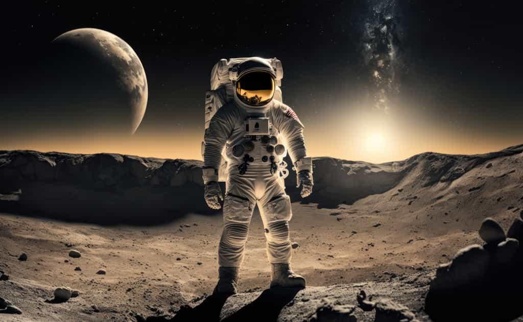 Illustration d'un astronaute marchant sur la surface de la Lune. La Terre à l'arrière-plan n'est en réalité pas aussi grande dans le ciel de la Lune. © alesta, Adobe Stock Illustration d'un astronaute marchant sur la surface de la Lune. La Terre à l'arrière-plan n'est en réalité pas aussi grande dans le ciel de la Lune. © alesta, Adobe Stock