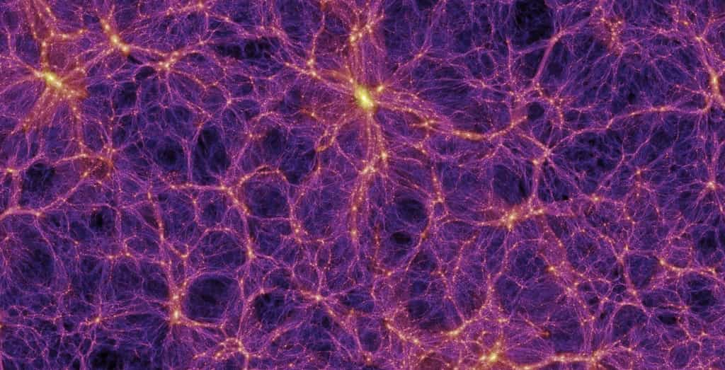 Sur cette image provenant d'une des meilleures simulations de la formation des grandes structures de l'Univers, des filaments de matière noire contenant des superamas de galaxies apparaissent clairement. On note aussi la présence de grands vides que l'on appelle parfois des vides cosmiques (cosmic voids, en anglais) © Max Planck Institute for Astrophysics, Millennium Simulation Project 