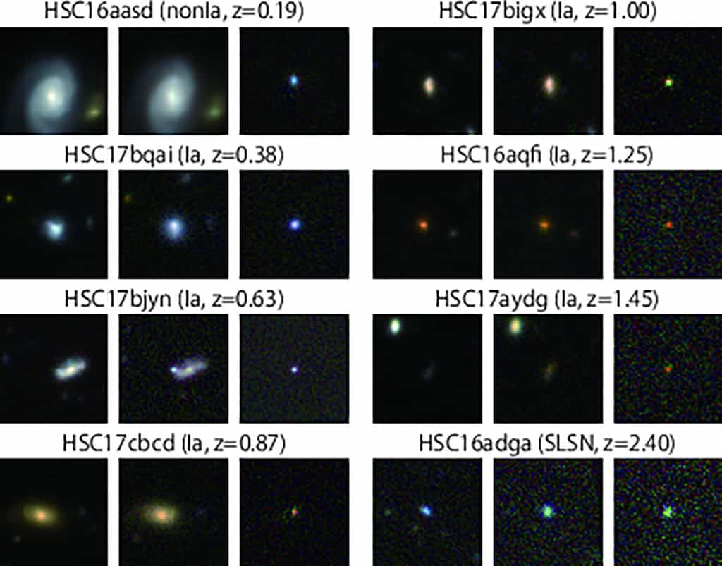 Un échantillon de huit supernovae parmi les 1.824 découvertes par le télescope Subaru. Chaque supernova est décrite en trois images : avant l'explosion (à gauche), pendant (au milieu) et la supernova elle-même (à droite, différence entre les deux images précédentes). © Naoki Yasuda et al., Publications of the Astronomical Society of Japan, 2019