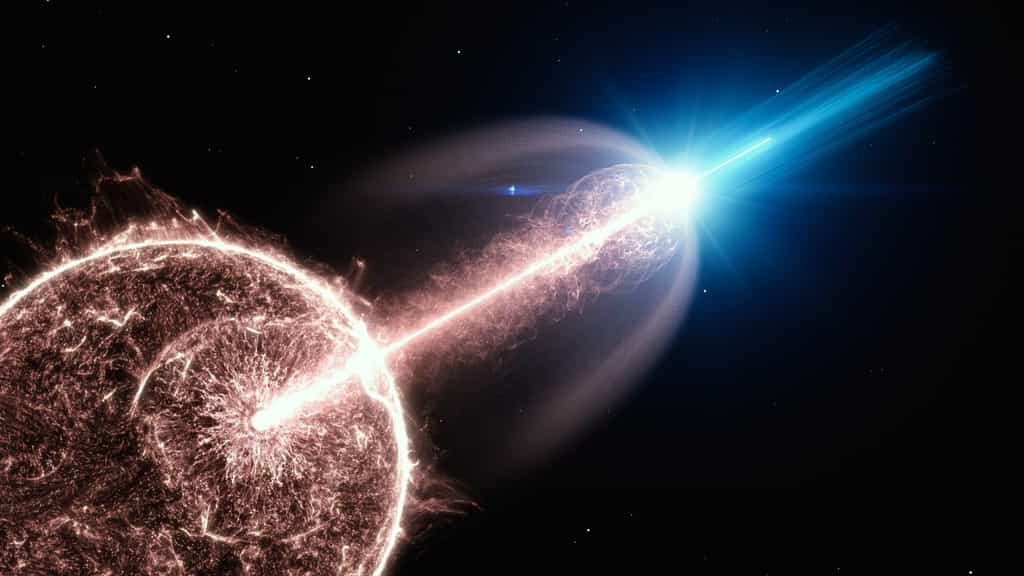 Vue d'artiste d'un jet relativiste d'un sursaut gamma (GRB), sortant d'une étoile en train de s'effondrer et émettant des photons de très hautes énergies.&nbsp;© DESY, Laboratoire de communication scientifique