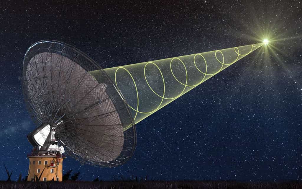 Une vue d'artiste d'un FRB observé par le radiotélescope de Parkes. © Swinburne Astronomy Productions