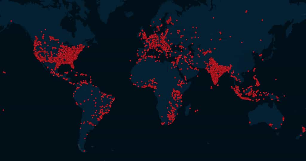 Les petits points rouges montrent les données de localisation cumulées provenant d'appareils compromis par des stalkerwares portant le nom de TheTruthSpy, Copy9 et MxSpy. © TechCrunch