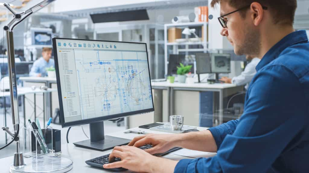 Le technicien bureau d'études conçoit des plans et schémas de pièces industrielles à partir d'un cahier des charges précis. Pour cela, il utilise des logiciels de conception et de dessin par ordinateur (CAO/DAO) ainsi que des logiciels de simulations pour tester des mesures ou la résistance de certains matériaux. © Gorodenkoff, Adobe Stock.