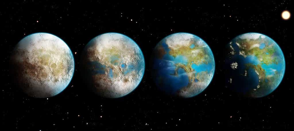 Les gaz à effet de serre pourraient être utilisés par des civilisations extraterrestres pour terraformer leur planète ou lune semblable à la Terre et faire passer lentement d'une boule désertique glacée (à gauche) à une planète tempérée et habitée (à droite). Les gaz nécessaires à un tel processus pourraient être étudiés par les télescopes spatiaux actuels et futurs. © Thibaut Roger/NCCR PlanetS