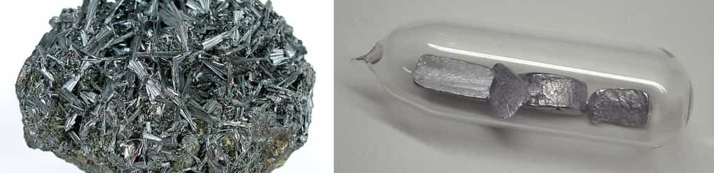 Le thallium est un élément chimique hautement toxique. À gauche un minéral contenant du thallium et à droite du thallium pur. © Rob Lavinsky, iRocks.com, Wikimedia Commons, CC by-sa 3.0 et W. Oelen, Wikimedia Commons, CC by-sa 3.0