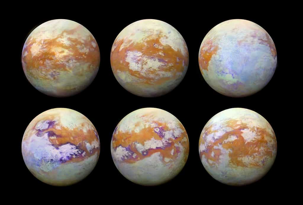 Les six images montrant en fausses couleurs la surface de Titan en infrarouge. © Nasa/ESA