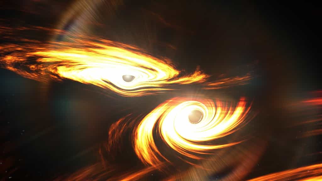 Une image d'artiste montrant l'origine du signal dont l'observation a été faite par les détecteurs d'ondes gravitationnelles Ligo et Virgo le 21 mai 2019 (GW190521). Il  devait s'agir d'une collision de trous noirs. © Mark Myers, ARC Centre of Excellence for Gravitational Wave Discovery (OzGrav).