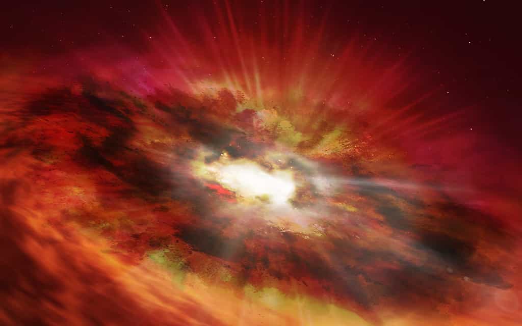 Bien qu'ils soient extrêmement rares, des exemples de galaxies poussiéreuses et de quasars lumineux ont été détectés dans l'Univers primordial. L'équipe pense que GNz7q pourrait être le « chaînon manquant » entre ces deux classes d'objets. En voici une vue d'artiste. © ESA/Hubble, N. Bartmann