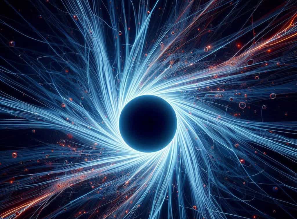 Une vue de l'IA de Bing montrant un trou noir kugelblitz (« foudre en boule » en allemand), mot proposé par John Wheeler pour désigner des trous noirs qui seraient produits par l’effondrement gravitationnel d’un paquet dense de lumière compressée. © 2024 Microsoft Corporation