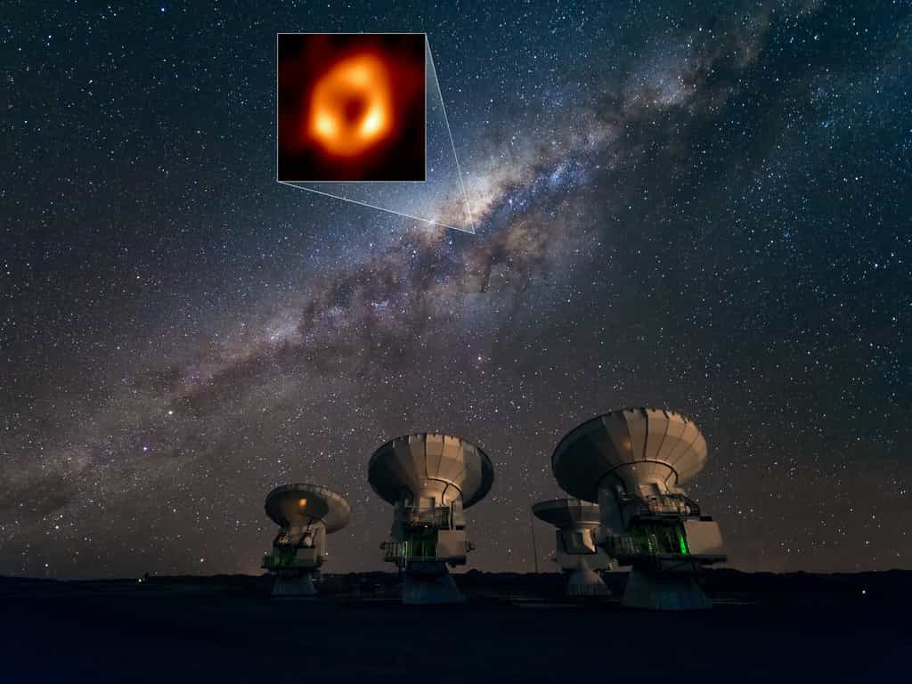 Cette image montre l'Atacama Large Millimeter/submillimeter Array (Alma) regardant la Voie lactée ainsi que l'emplacement de Sagittarius A*, le trou noir supermassif au centre de notre Galaxie. L'image de Sagittarius A* prise par la collaboration de l'Event Horizon Telescope (EHT) est mise en évidence dans l'encadré. Situé dans le désert d'Atacama au Chili, Alma est le plus sensible de tous les observatoires du réseau EHT. L'ESO est copropriétaire d'Alma au nom de ses États membres européens. © ESO, José Francisco Salgado (josefrancisco.org), EHT Collaboration 
