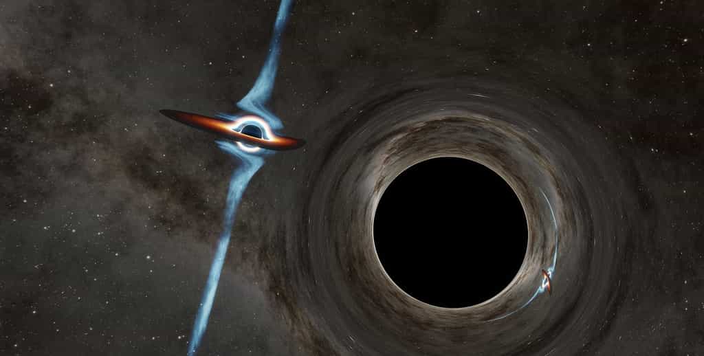 Dans cette illustration, la lumière d'un trou noir plus petit (à gauche) se courbe autour d'un trou noir plus grand et forme une image presque miroir de l'autre côté. La gravité d'un trou noir peut déformer le tissu de l'espace lui-même, de sorte que la lumière passant à proximité du trou noir suivra une trajectoire courbe autour de lui. © Caltech, R. Hurt (IPAC) 