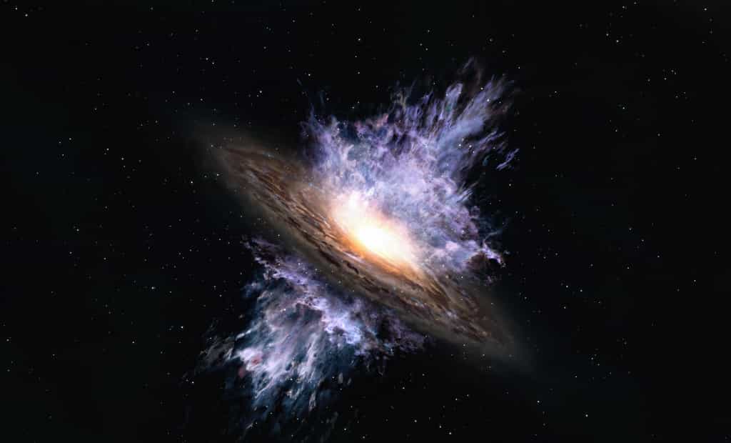 Vue d'artiste des vents galactiques produits par un trou noir supermassif situé au centre d'une galaxie. L'énergie intense émanant du trou noir crée un flux de gaz à l'échelle de la galaxie qui souffle la matière interstellaire qui est le matériau de formation des étoiles. © Alma (ESO NAOJ, NRAO)