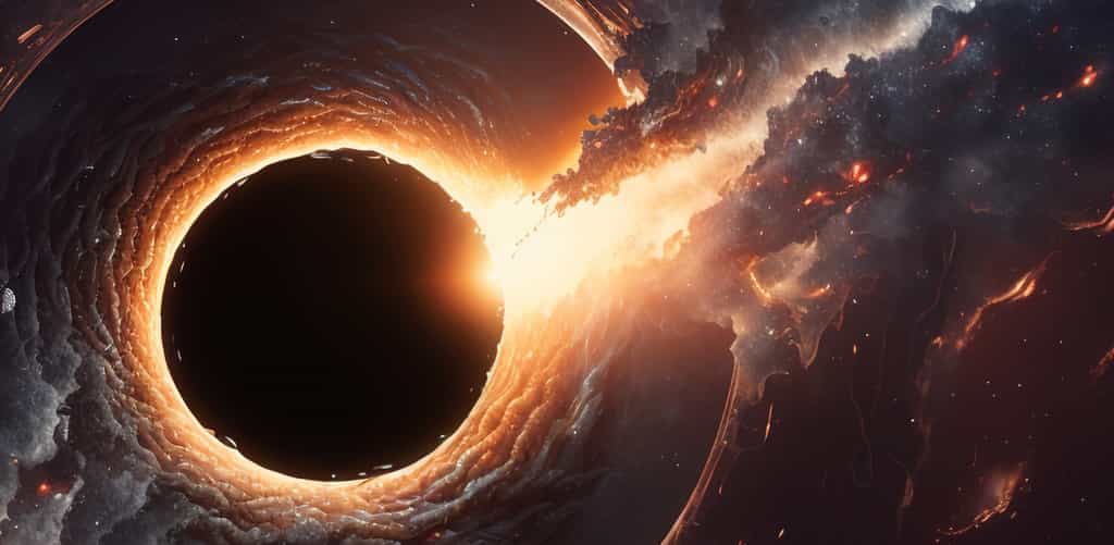 Illustration d'un trou noir déchirant une étoile. © Picture Office, Adobe Stock 