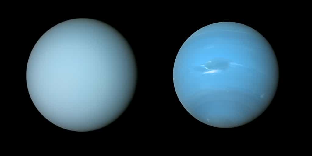 Le vaisseau spatial Voyager 2 de la Nasa a capturé ces vues d'Uranus (à gauche) et de Neptune (à droite) lors de ses survols des planètes dans les années 1980. © Nasa, JPL-Caltech, B. Jónsson
