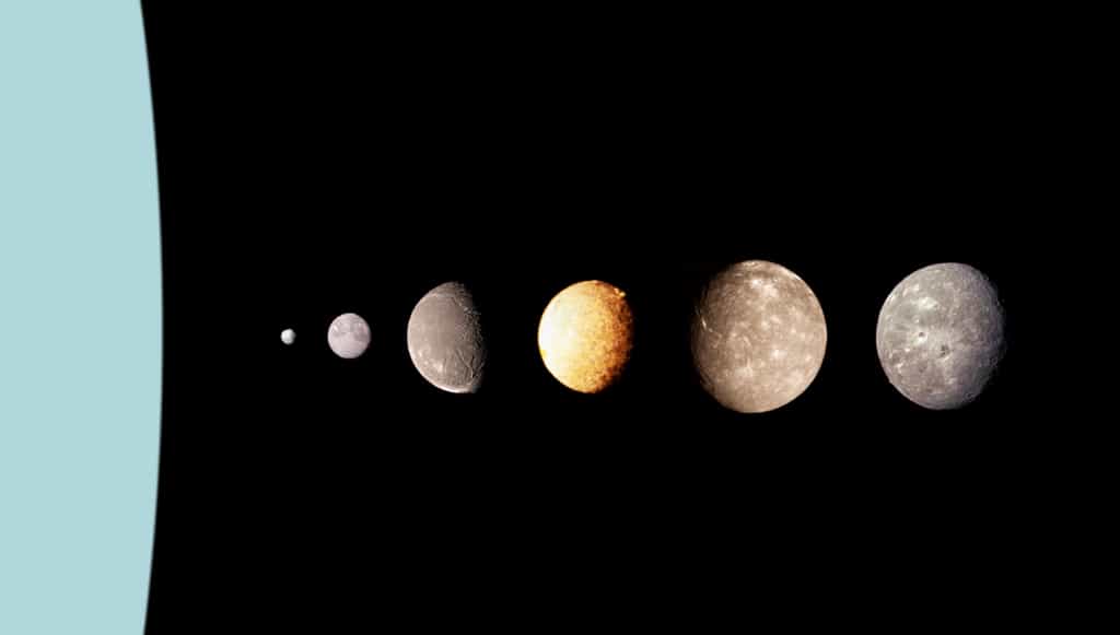Puck, Miranda, Ariel, Umbriel, Titania, et Obéron : les principales lunes d'Uranus (cette dernière se trouve à l'échelle, à gauche), photographiées par Voyager 2. Il s'agit d'un montage. © Nasa
