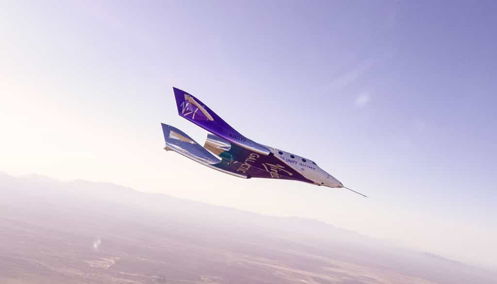 Descente en vol plané d'Unity lors du vol test du 26 avril 2023. © Virgin Galactic