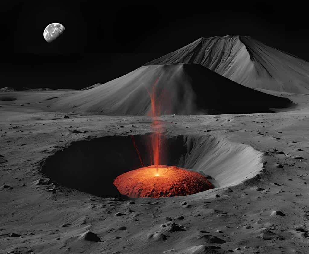 Une éruption de volcan sur la Lune vue par l'IA. © Canva