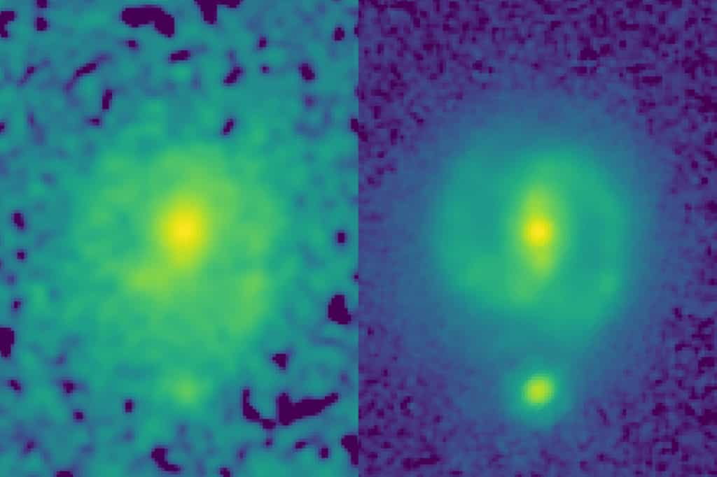 La puissance de JWST pour cartographier les galaxies à haute résolution et à des longueurs d'onde infrarouges plus longues que Hubble lui permet de regarder à travers la poussière et de dévoiler la structure sous-jacente et la masse des galaxies lointaines. On peut le voir sur ces deux images de la galaxie EGS23205, vue telle qu'elle était il y a environ 11 milliards d'années. Dans l'image HST (à gauche, prise dans le filtre proche infrarouge), la galaxie n'est guère plus qu'une tache en forme de disque obscurcie par la poussière et impactée par l'éblouissement des jeunes étoiles, mais dans l'image infrarouge moyenne JWST correspondante (prise l'été dernier), c'est une belle galaxie spirale avec une barre stellaire claire. © Nasa/CEERS/Université du Texas à Austin