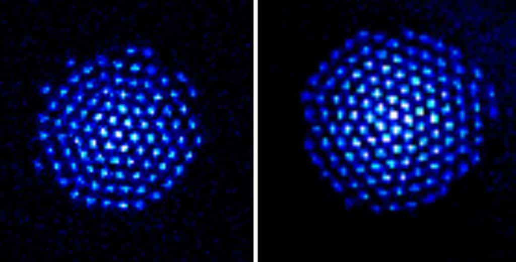 Les ions de béryllium,&nbsp;rendus visibles par fluorescence&nbsp;sur cette image (il est possible d'en distinguer&nbsp;91 à gauche et 124 à droite),&nbsp;forment un réseau cristallin de maille triangulaire. Ils constituent un simulateur quantique et ouvrent une nouvelle voie pour obtenir peut-être un jour au moins un calculateur quantique. © NIST