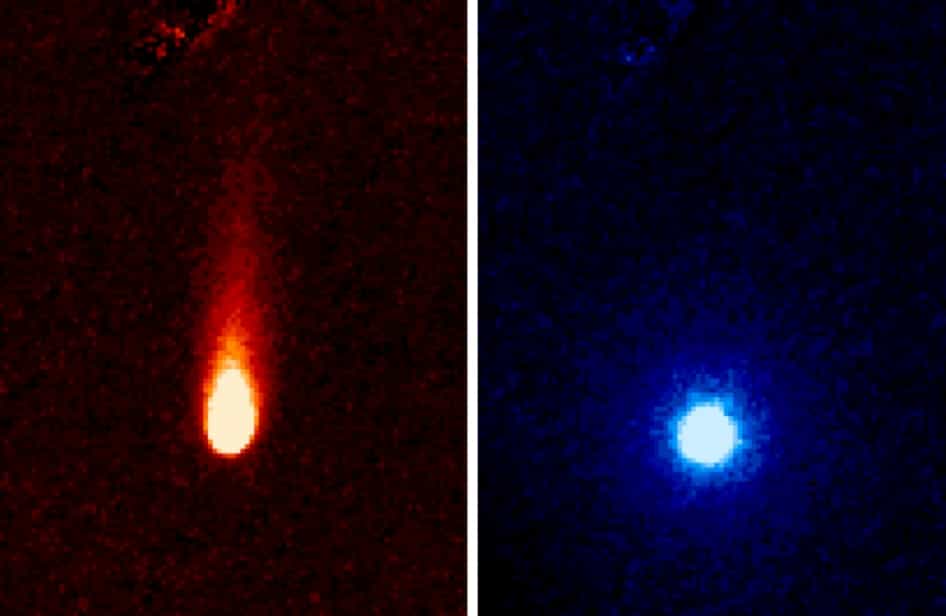 On voit ici des images en fausses couleurs prises à différentes longueurs d’onde dans l’infrarouge avec l’Infrared Array Camera de Spitzer. Elles montrent les fortes émissions de gaz de la comète Ison, que certains appellent la comète « soda ». Du gaz carbonique et de la poussière « pétillent » en effet de la comète en formant une queue d’environ 300.000 km de long. © Nasa