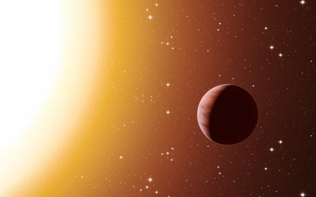 Sur cette vue d'artiste figure une planète de type Jupiter chaude en orbite proche autour de l'une des étoiles du riche et vieil amas Messier 67, dans la constellation du Crabe. © ESO, L. Calçada