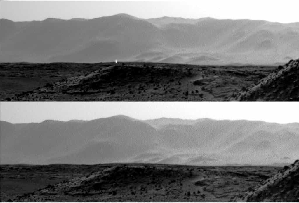 Ces images ont été captées à une seconde d'intervalle par deux des instruments équipant le rover Curiosity le 3 avril 2014. L'une montre une étrange lumière semblant sortir à la verticale du sol de Mars. S'agit-il d'une lumière artificielle trahissant la présence d'une civilisation sur Mars ou d'un phénomène naturel ? © Nasa, JPL