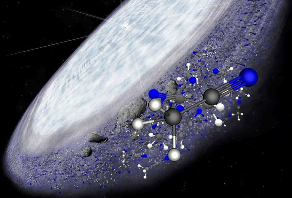 Vue d’artiste du disque protoplanétaire entourant la jeune étoile MWC 480. Alma a détecté des molécules organiques complexes de cyanure de méthyl dans les bordures du disque, dans une région où les comètes sont supposées se former. Il s’agit d’une nouvelle information indiquant que la chimie organique complexe, et potentiellement les conditions nécessaires à l’apparition de la vie, sont universelles. © B. Saxton (NRAO/AUI/NSF)