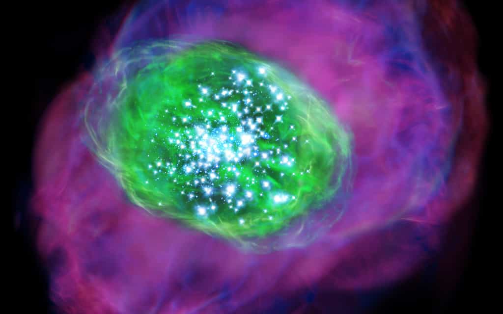 Cette galaxie renferme de nombreuses étoiles brillantes qui ionisent le gaz situé à l'intérieur ainsi qu'en périphérie de la galaxie. En vert figure le gaz d'oxygène ionisé détecté par Alma, en violet la distribution d'hydrogène ionisé cartographiée par le télescope Subaru. © NAOJ, ESO