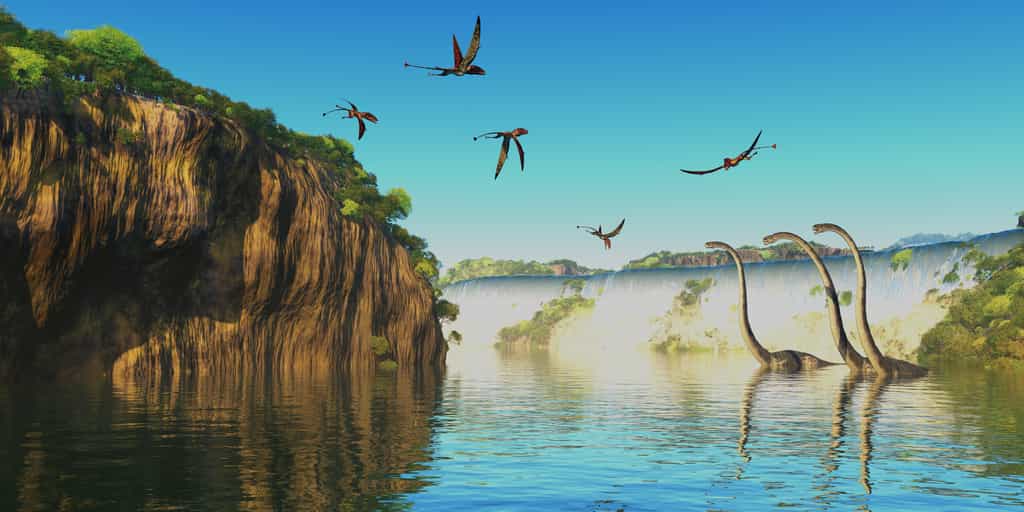 Paysage avec des Dimorphodons, un genre de ptérosaures, volant dans le ciel, et des Omeisaurus dans l'eau. © Catmando, Adobe Stock.