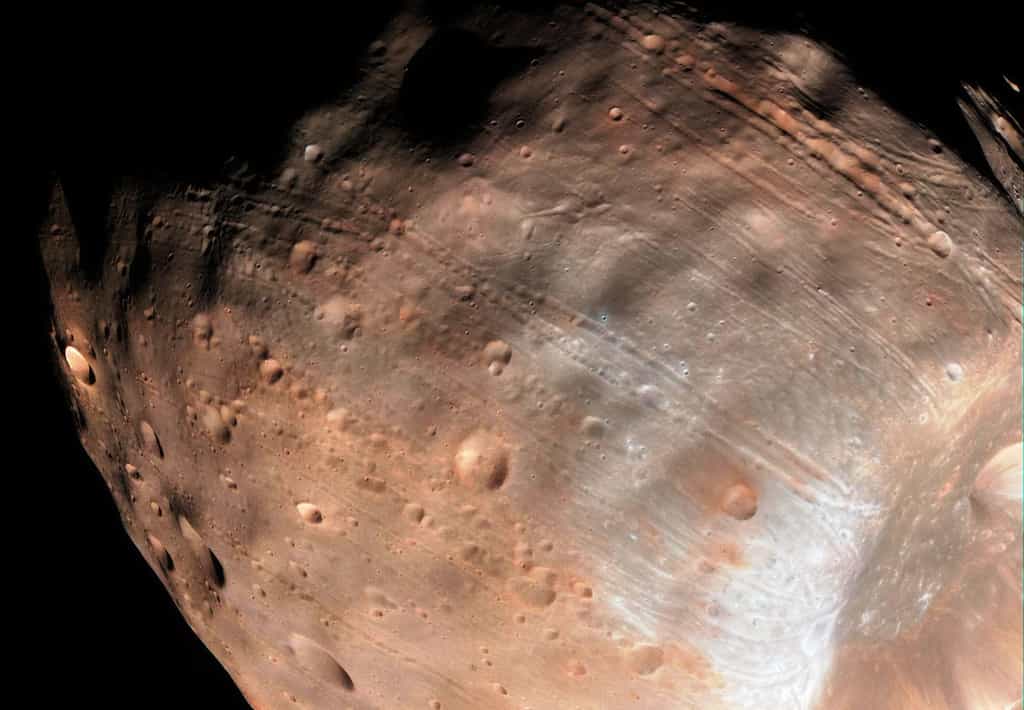 Phobos (27 x 22 x 18 km), l’une des deux petites lunes de Mars, n’est qu’à 6.000 km de la surface de la Planète rouge. Comme le montre cette photo, elle présente un curieux réseau de sillons à sa surface. © Nasa, JPL-Caltech, University of Arizona