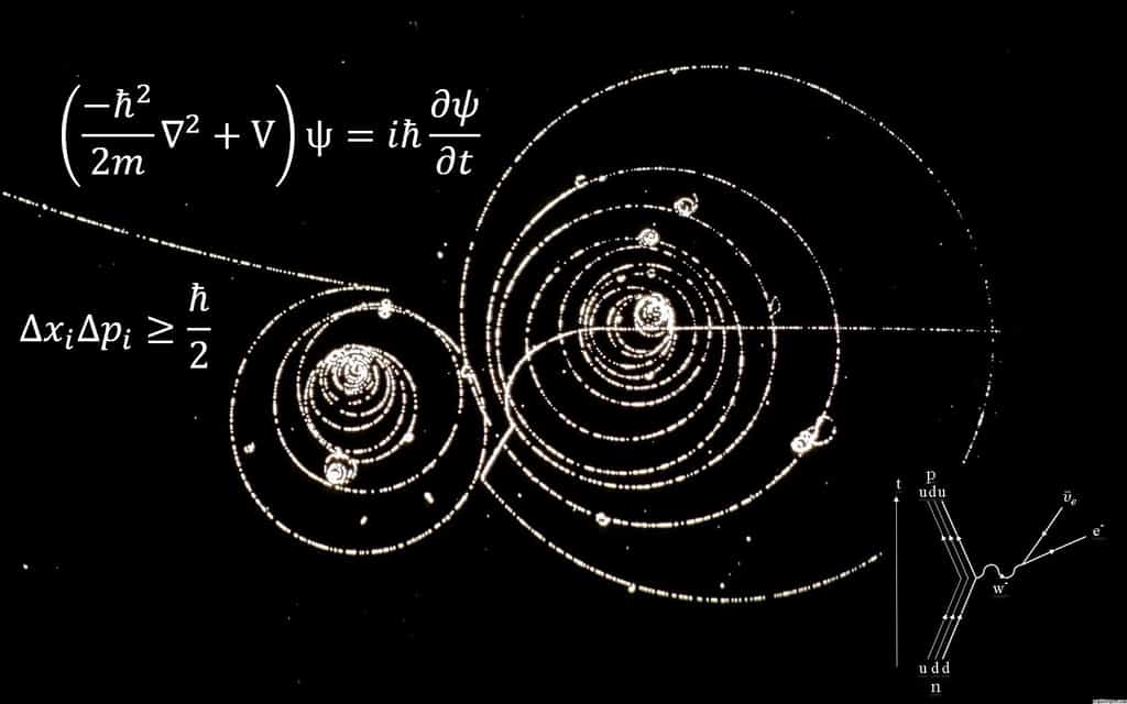 On voit ici deux des plus célèbres équations gouvernant le monde quantique. C'est l'équation de Schrödinger (en haut), célèbre en mécanique quantique, avec en dessous l'une des inégalités de Heisenberg. L'image de fond est celle de particules spiralant dans une chambre à bulles plongée dans un champ magnétique. En bas à droite, un diagramme de Feynman illustre la désintégration bêta d'un neutron (n) en proton (p). © www.wallchan.com