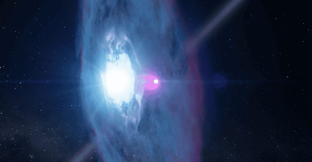 Illustration du pulsar J2032 pénétrant l’environnement de son compagnon, la géante bleue MT91 213. Le phénomène se produira en 2018 et occasionnera un remarquable feu d’artifice qui sera disséqué dans toutes les longueurs d’onde par de nombreux astrophysiciens. © Nasa, GSFC