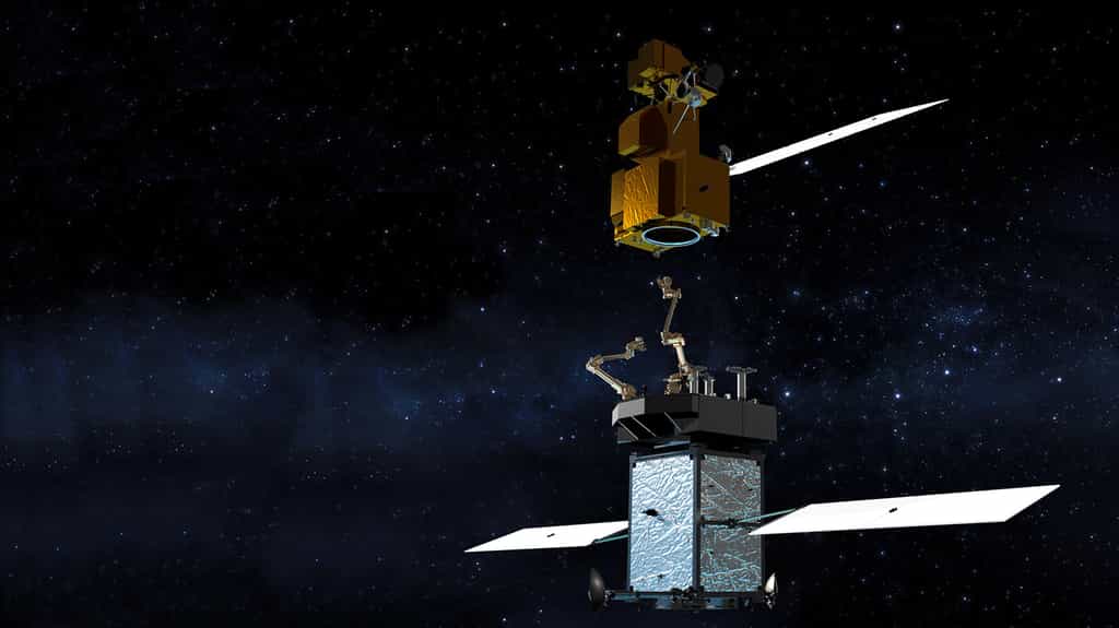 À l’avenir, grâce à la mission Restore L, un satellite pourrait être lancé pour en ravitailler un autre, voire s’y amarrer pour le désorbiter ou le repositionner. © Nasa, SSL