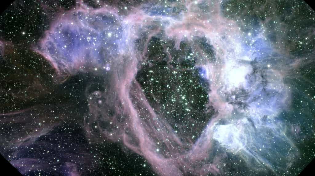 Les étoiles de huit à une centaine de masses solaires sont classées dans les types spectraux O et B. Dans des amas ouverts d'étoiles, elles forment des groupes nommés associations OB et sont destinées à devenir des supernovae. Leurs explosions donneront une superbulle dans le milieu interstellaire, une cavité très chaude et très étendue, sur plusieurs centaines d'années-lumière, comme cette superbulle N44, dans le Grand Nuage de Magellan. © Travis Rector, université d'Anchorage.