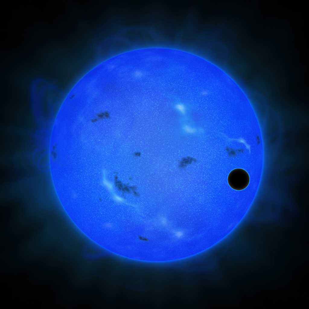 Vue d'artiste de l'étoile Gliese 1214 observée à l'aide d'un filtre pour la lumière bleue. Sur la droite, le cercle noir révèle la présence d'une superTerre effectuant un transit planétaire. C'est Gliese 1214 b. Les dernières mesures de la composition de l'atmosphère de cette exoplanète avec les instruments du téléscope Subaru sont de nouveau favorables à l'hypothèse qu'elle est riche en vapeur d'eau et pas en hydrogène. © NAOJ