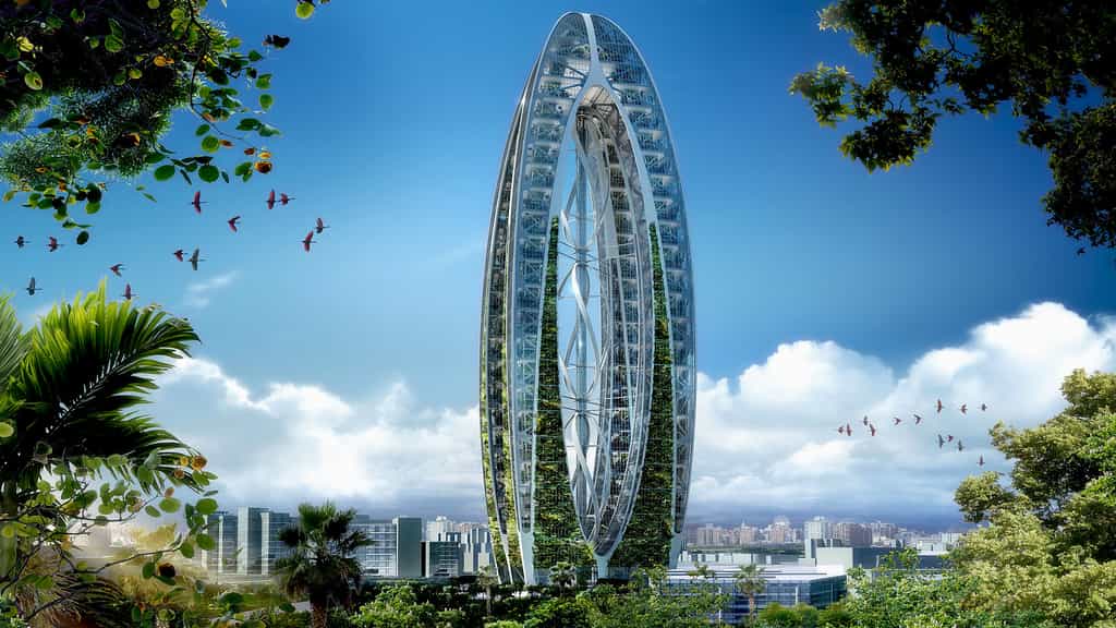 À Taiwan, au milieu de la grande ville de Taichung, une double tour abrite une grande bulle de nature avec des arbres et des jardins. © Vincent Callebaut