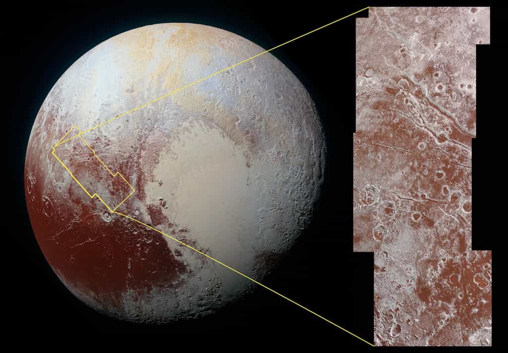 À gauche, vue globale de Pluton réalisée par New Horizons, le 14 juillet 2015 et à droite (encart jaune), agrandissement de la région Viking Terra,&nbsp;la terre viking.&nbsp;© Nasa, JHUAPL, SwRI