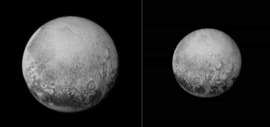 Sur ces images prises par la sonde New Horizons, les 10 (la petite image) et 11 juillet, à environ 4 millions de kilomètres pour la seconde, on découvre avec une résolution inégalée, la partie de Pluton qui fait toujours face à Charon. « C’est le dernier et meilleur regard sur cette face de Pluton que l’on puisse avoir pour les décennies à venir » a déclaré Alan Stern qui dirige cette mission. On distingue plusieurs taches sombres régulières en bas du globe, le long de l’équateur et aussi des structures circulaires et parfois polygonales, des régions complexes, d’aspect grumeleux, et de nature encore inconnue, environnent la bande équatoriale. © Nasa, Johns Hopkins University Applied Physics Laboratory, Southwest Research Institute