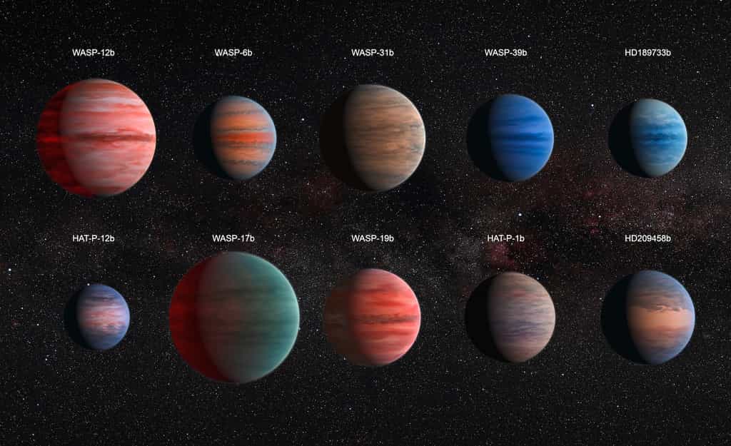 Illustration des dix Jupiter chaudes dont les atmosphères ont été étudiées dans le visible et l’infrarouge avec les télescopes Hubble et Spitzer. Chacune présente des caractéristiques différentes témoignant de la grande variété de ces mondes qui gravitent très près de leur étoile. Les proportions sont respectées. La plus petite, HAT-P-12b, a une taille équivalente à celle de Jupiter. © Nasa, Esa