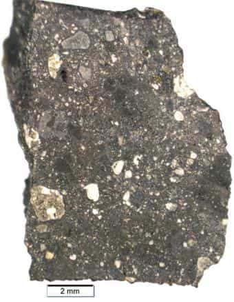 Fragment de la météorite NWA 7034 surnommée Black beauty, retrouvée en 2011 dans le désert marocain. Elle se compose de différentes roches brisées probablement par de violents impacts puis cimentées ensemble. © Brown University