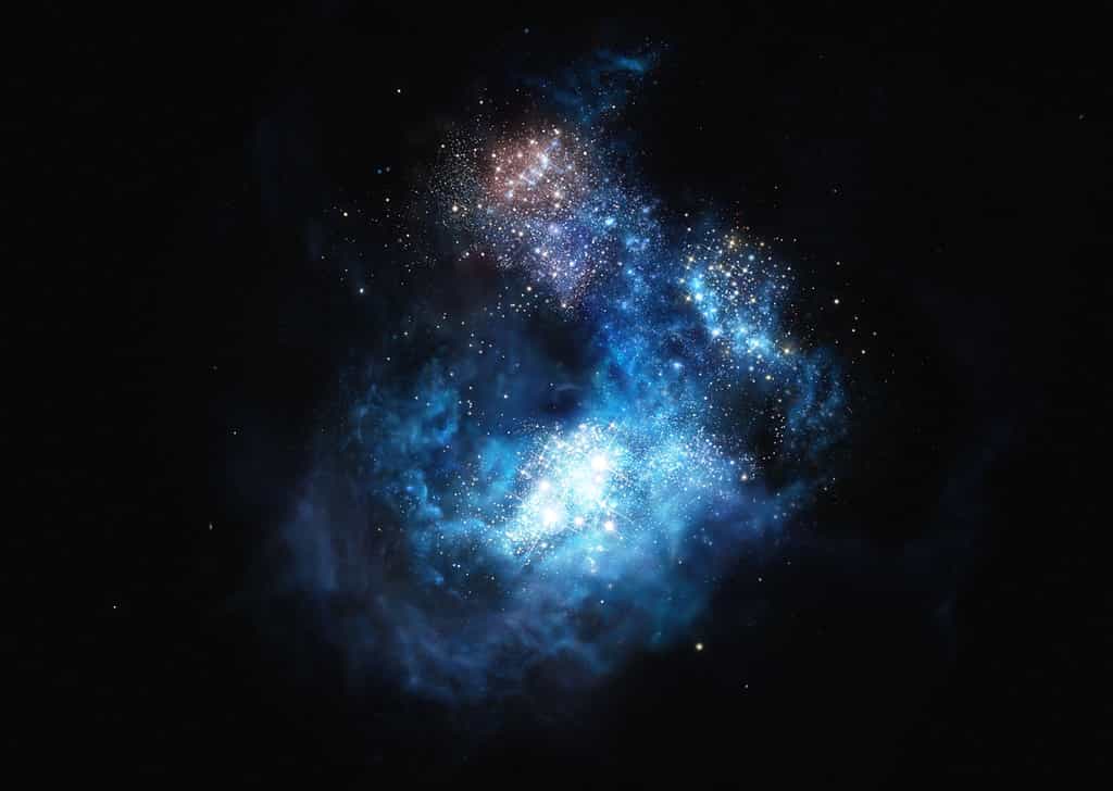 Illustration de CR7 (Cosmos Redshift 7), une galaxie très lumineuse de l’univers jeune qui vient d’être découverte avec le VLT. Elle est trois fois plus brillante que la galaxie lointaine la plus lumineuse connue à ce jour. Des preuves solides attestent de l’existence en son sein de plusieurs étoiles de première génération. © Eso, M. Kornmesser