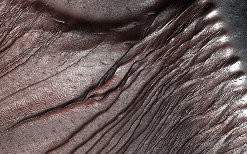 L’origine des ravines martiennes (gullies) a longtemps été attribuée à l’action de l’eau liquide, mais elles seraient en réalité générées par les effets de la glace de CO2 à la fin de l’hiver. Les dunes du cratère de Russel sont ici partiellement couvertes de glace de CO2. © Nasa, JPL, University of Arizona