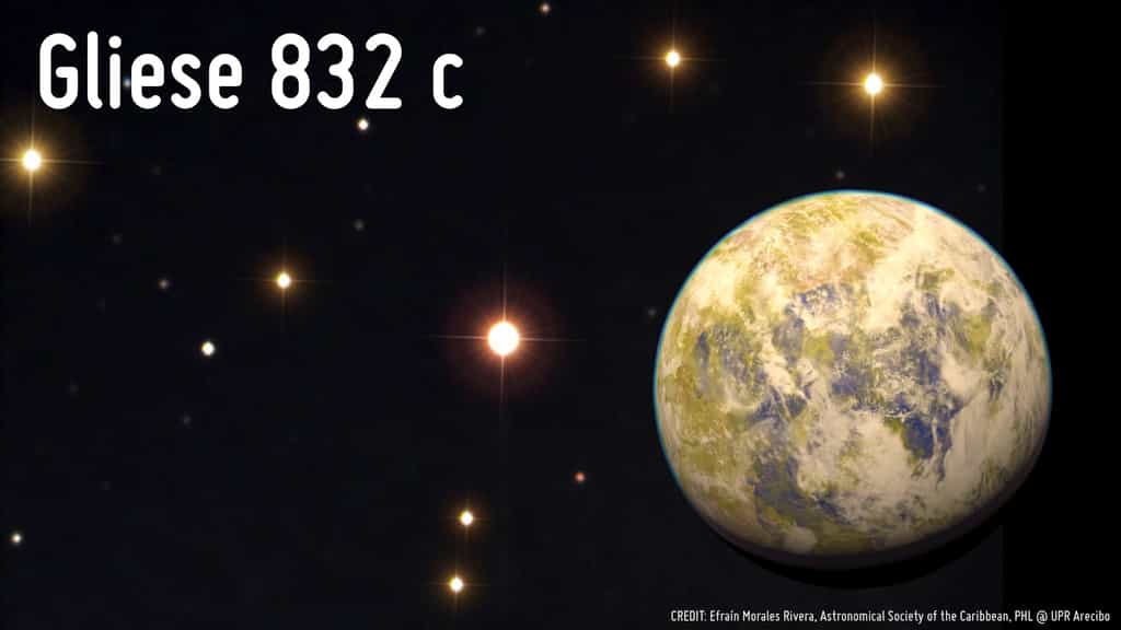 Illustration au premier plan de la superterre Gliese 832c, environ 5,4 fois plus massive que notre planète. Sur la photographie à l’arrière-plan prise le 20 juin dernier par Efraín Morales Rivera, on distingue son étoile parent, la naine rouge Gliese 832 distante de 16 années-lumière autour de laquelle elle gravite en 36 jours dans la zone habitable. © Efraín Morales Rivera de la Societé Astronomique des Caraïbes et UPR Arecibo