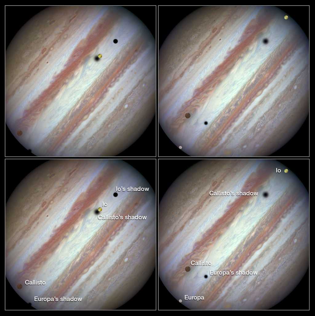 L’événement débute à gauche avec les ombres projetées sur l’atmosphère rayée de Jupiter, de Callisto (entrée la première), Io et enfin Europe qui apparaît en dernier. Environ 42 mn plus tard, les trois satellites sont réunis un court instant. Les détails des images réalisées avec la caméra WFC3 d’Hubble permettent de distinguer la surface de ces satellites galiléens. Le quatrième, Ganymède, n’a pas fait partie de la balade. © Esa, Nasa, Hubble Heritage team