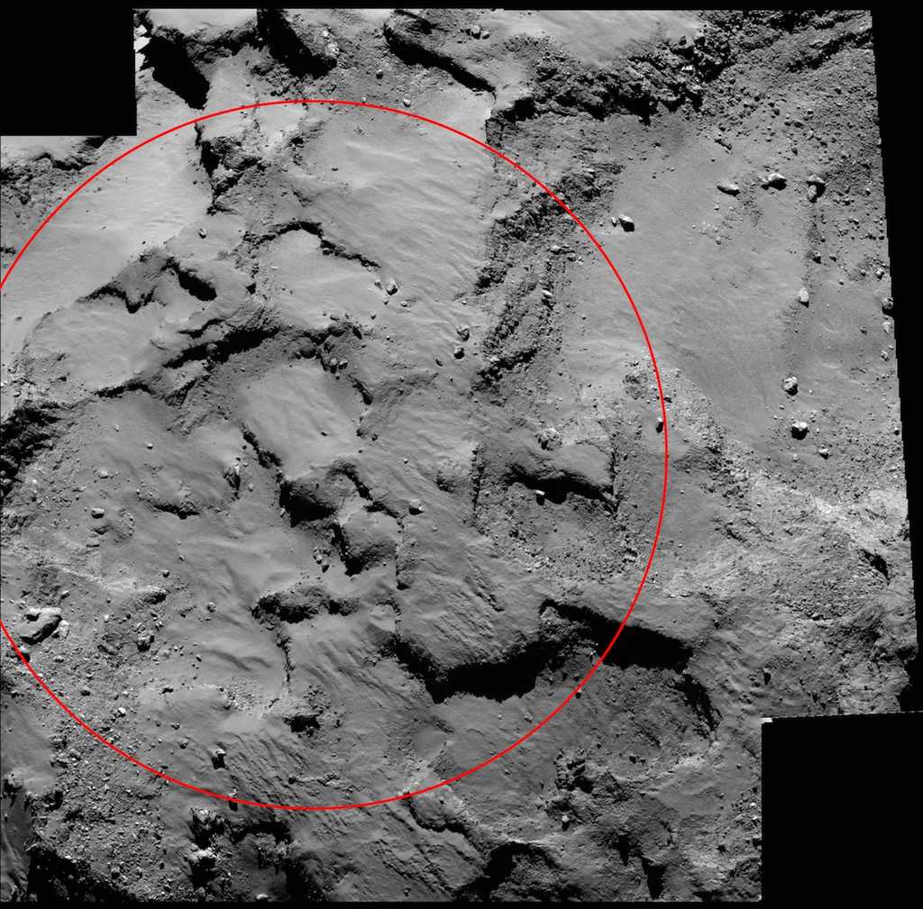 Situé au sommet du plus petit des deux lobes de la comète 67P/Churyumov-Gerasimenko (67P/C-G), le site désigné « J », qui accueillera le 12 novembre prochain l’atterrisseur Philae, vient d’être confirmé par l’Esa. Le cercle de 500 mètres de diamètre est centré sur cette région. Les deux images d’une résolution de 50 cm par pixel ont été prises par la caméra Osiris de la sonde Rosetta, le 14 septembre à environ 30 km de distance. © Esa, Rosetta, MPS pour Osiris, UPD, Lam, IAA, SSO, INTA, UPM, DAPS, Ida