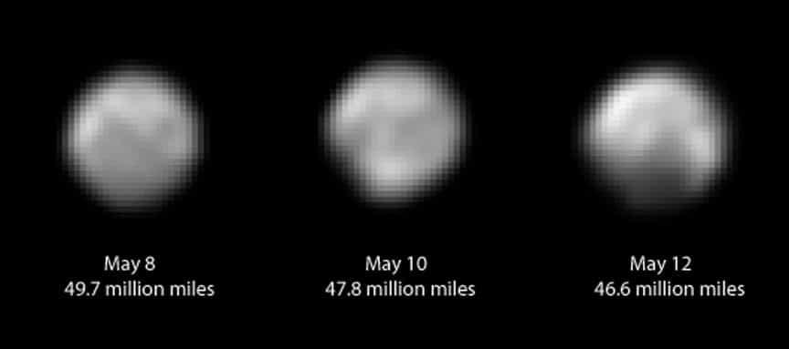 La surface de Pluton apparaît de plus en plus détaillée sur ces images réalisées avec le télescope Lorri de la mission New Horizons, entre le 8 et le 12 mai 2015. La présence d’une calotte polaire semble se confirmer. On remarque sur ces images (traitées avec la méthode de déconvolution) des structures contrastées et relativement complexes. La sonde était alors à 77-75 millions de kilomètres de la planète naine. Elle la survolera le 14 juillet prochain. © Nasa, JHUAPL