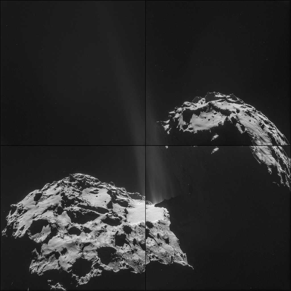 Mosaïque de 4 images de la comète 67P/Churyumov-Gerasimenko prises en l'espace de 20 mn, le 26 septembre à 26,3 km seulement du noyau. On peut observer que le dégazage le plus important provient de la région dite du cou lequel soude les deux lobes caractéristiques de cet astre d’environ 4 km de longueur. © Esa, Rosetta, NavCam